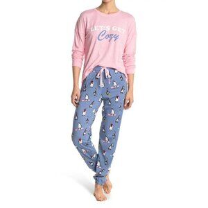 Cozy Zoe Womens Pink Blue Penguins Long Sleeve Pajamas 2 Pc Sets Sz S New